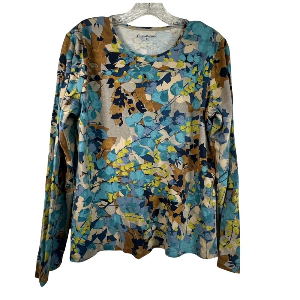 Croft & Barrow Womens Large Blue Teal Leaf Print Long Sleeve Cotton Crew Top